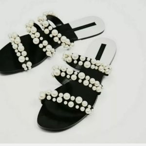 NEW ZARA PEARL LEATHER SLIDES SHOES